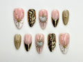 Luxury Nude Gold Almond Nails | Nude & Gold Celestial Nail Set | Handmade Chrome Swirl Nails | Elegant Cosmic Nails | JC792HC