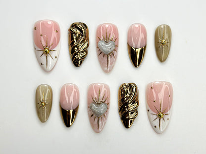 Luxury Nude Gold Almond Nails | Nude & Gold Celestial Nail Set | Handmade Chrome Swirl Nails | Elegant Cosmic Nails | JC792HC
