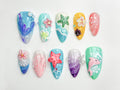 Tropical Starfish Press On Nails | Summer Ocean Beach Nail Set | 3D Starfish & Hibiscus Nail Art | Vibrant Mermaidcore Press Ons | JB794HC