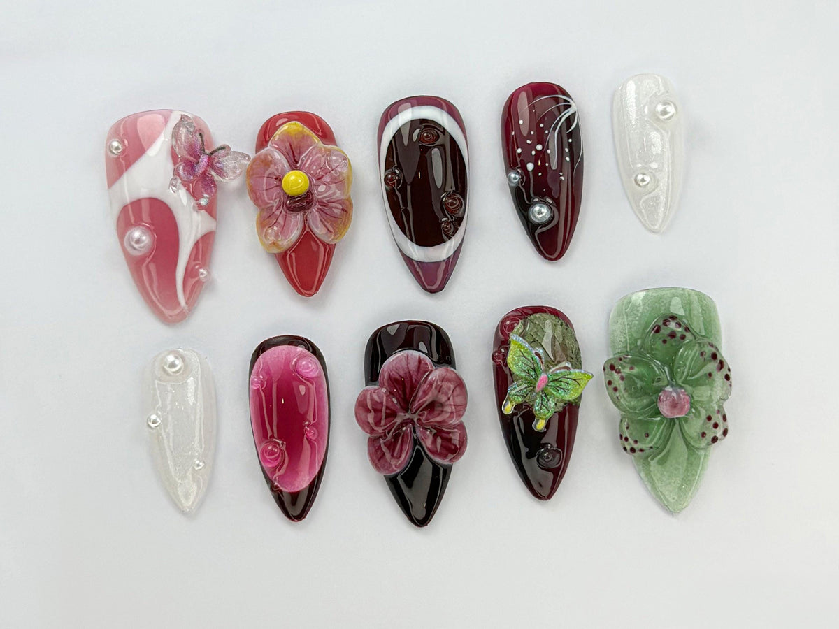 Burgundy Butterfly Press On Nails | Orchid Butterfly Nail Art | 3D Floral Luxury Nail Set | Dark Red Orchid Nails | Elegant Nails | JC743HK