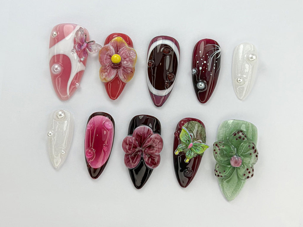 Burgundy Butterfly Press On Nails | Orchid Butterfly Nail Art | 3D Floral Luxury Nail Set | Dark Red Orchid Nails | Elegant Nails | JC743HK