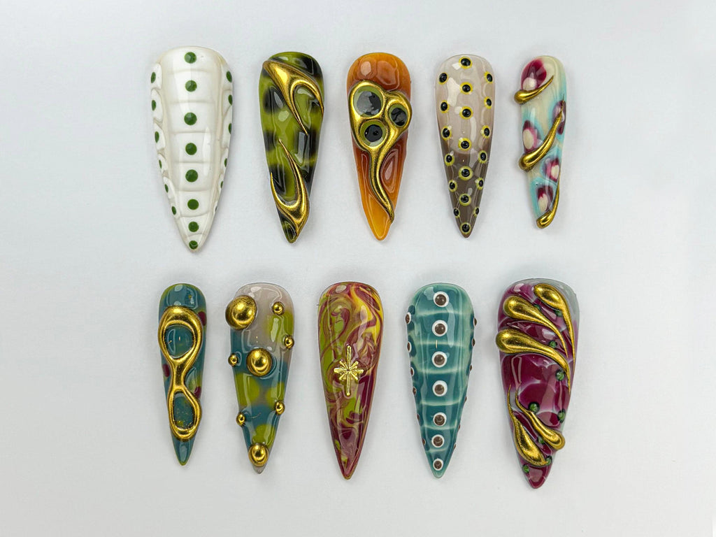 Aliencore Abstract Press on Nails | Abstract Eye Design Nail Art | Weird Aliencore Nail Design | Eccentric Cosmic Nail Set l JB747HC