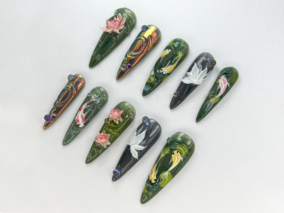 Serene Koi Pond Press On Nails | Koi Fish & Lotus Design | Floral Nature-Inspired Press Ons | Japanese Water Nail Art | JB749HK