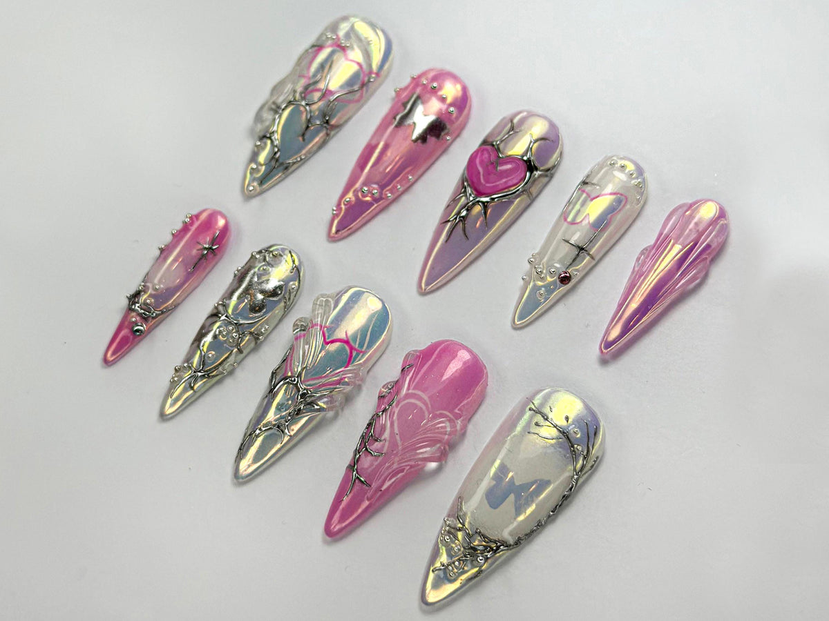 Celestial Love Chrome Press On Nails | Iridescent Butterfly Heart Nails | Handmade Pink Silver Set with 3D Shine | Long Press On | JC752HC