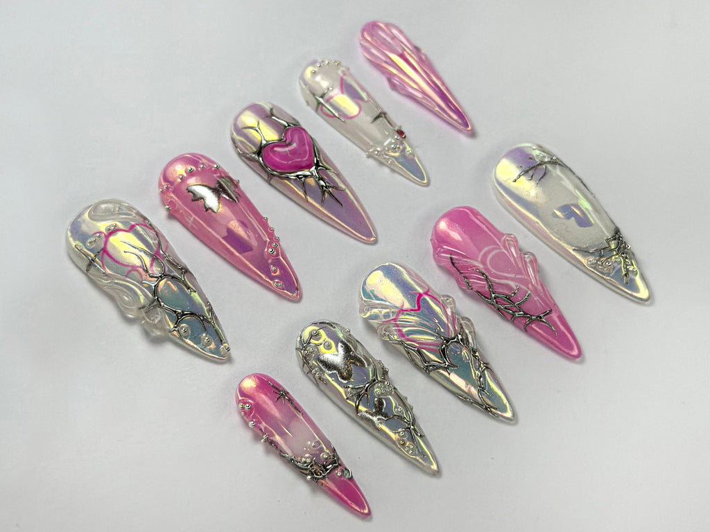 Celestial Love Chrome Press On Nails | Iridescent Butterfly Heart Nails | Handmade Pink Silver Set with 3D Shine | Long Press On | JC752HC