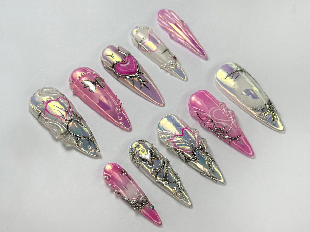 Celestial Love Chrome Press On Nails | Iridescent Butterfly Heart Nails | Handmade Pink Silver Set with 3D Shine | Long Press On | JC752HC