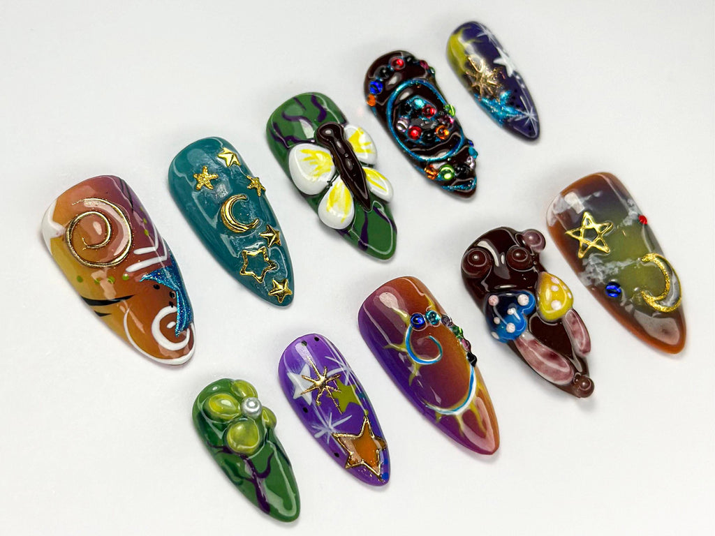 Cosmic Fantasy Press On Nails | Cosmic Star Moon Nail Art Set | Moon Star 3D Press Ons | Galaxy Vibe | Night Sky Design | JB728HC