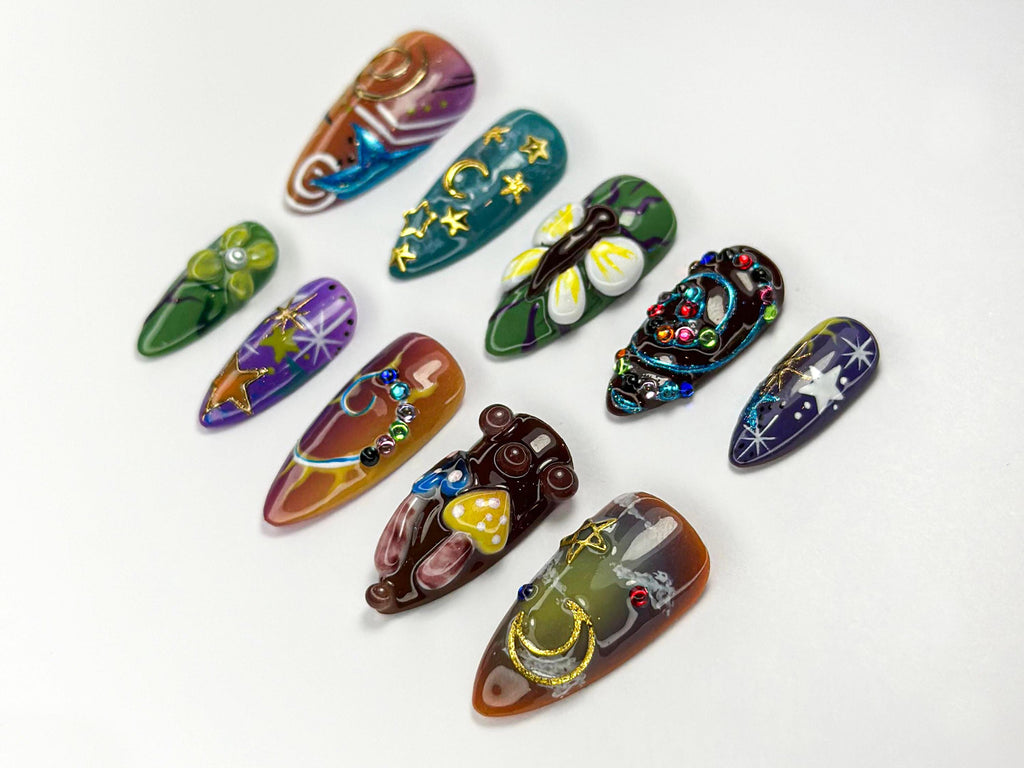 Cosmic Fantasy Press On Nails | Cosmic Star Moon Nail Art Set | Moon Star 3D Press Ons | Galaxy Vibe | Night Sky Design | JB728HC