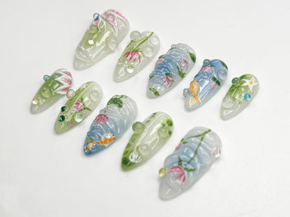 Water Garden Koi Press On Nails | Hand-Painted Koi Fish & Lotus Flowers | Zen Nature Art Nail Set | Calm Pond-Inspired Press Ons | JC798HC