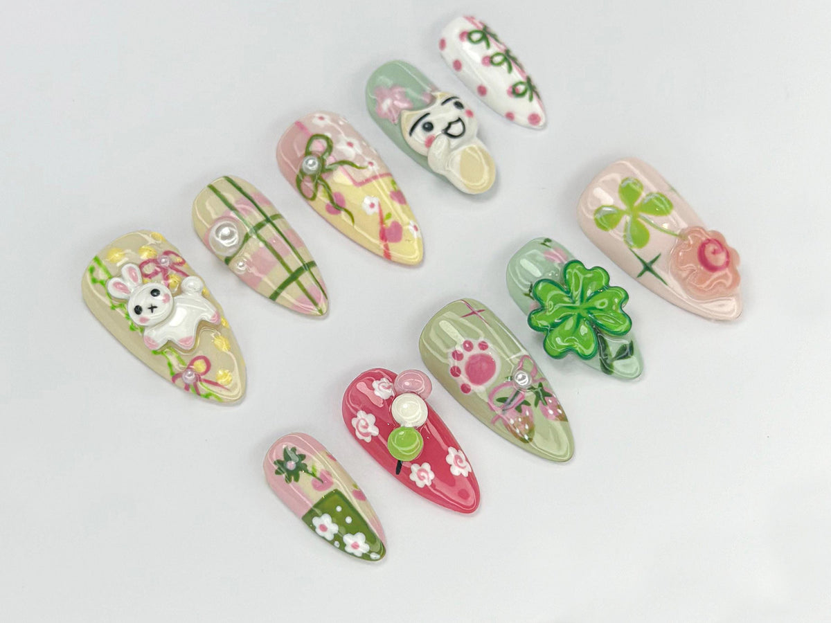Kawaii Bunny Press On Nails | Kawaii Pastel Spring Nail Art | Soft Girl Aesthetic Nail | Handmade Kawaii Nail Art | Lucky Vibe Nail| JB765HC