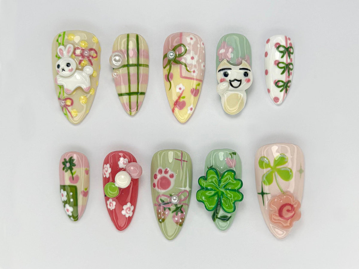 Kawaii Bunny Press On Nails | Kawaii Pastel Spring Nail Art | Soft Girl Aesthetic Nail | Handmade Kawaii Nail Art | Lucky Vibe Nail| JB765HC