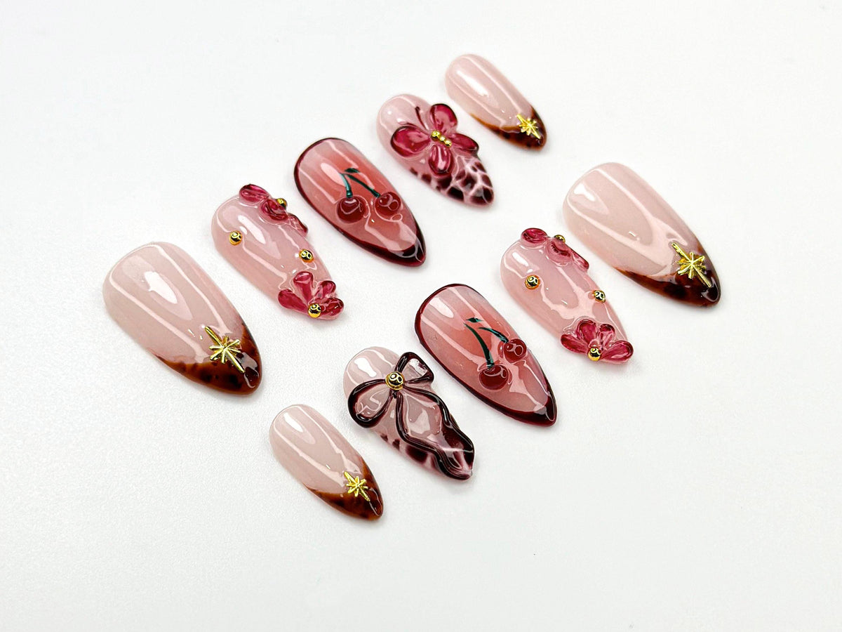 Cherry Blush Bloom Press On Nails | 3D Red Floral & Bow Nail Art | Sweet Cherry Nails | 3D Red Flower Nails | Romantic Nail Set | JC770HC