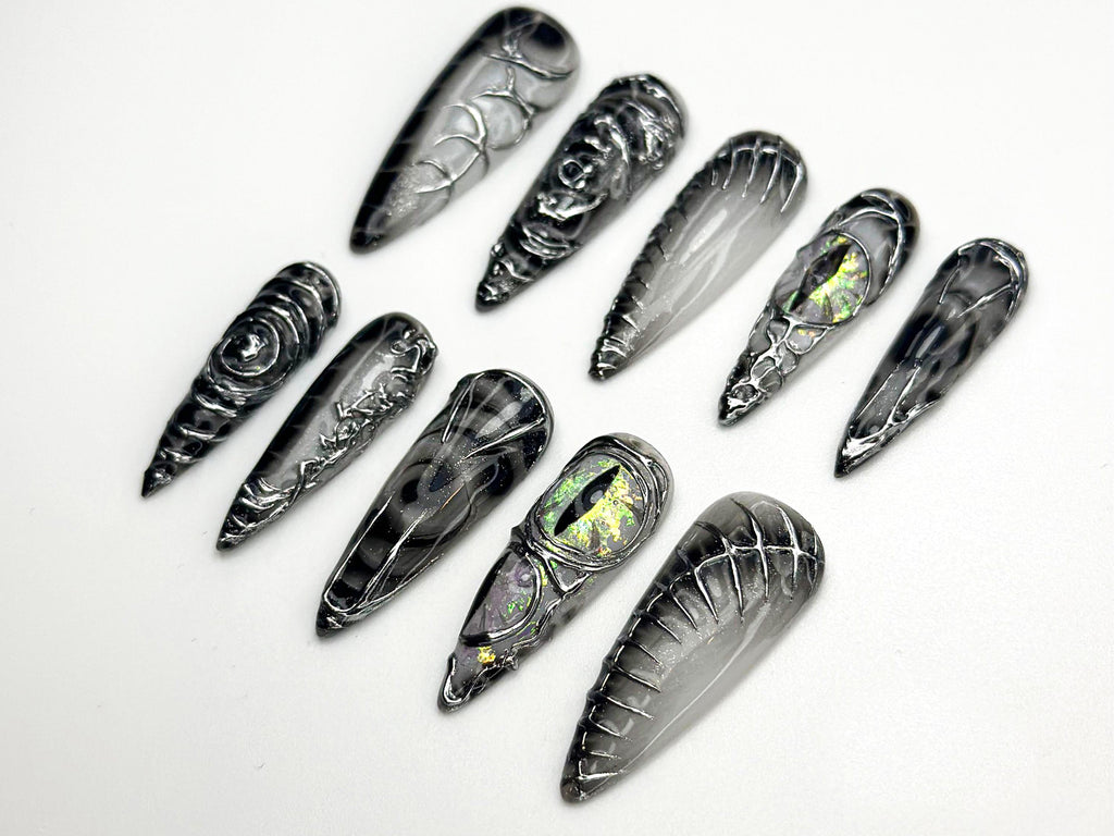 Dragon Gothic Press On Nails | Black 3D Nail Art | Dark Mystic Scale Nails | Handmade Dragon Claw Press Ons | Unique Fantasy Nails | JB801HC