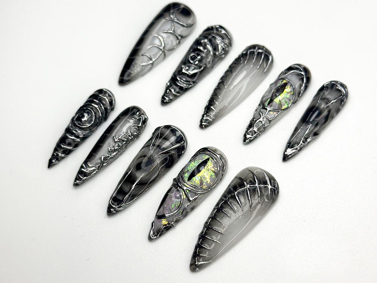 Dragon Gothic Press On Nails | Black 3D Nail Art | Dark Mystic Scale Nails | Handmade Dragon Claw Press Ons | Unique Fantasy Nails | JB801HC