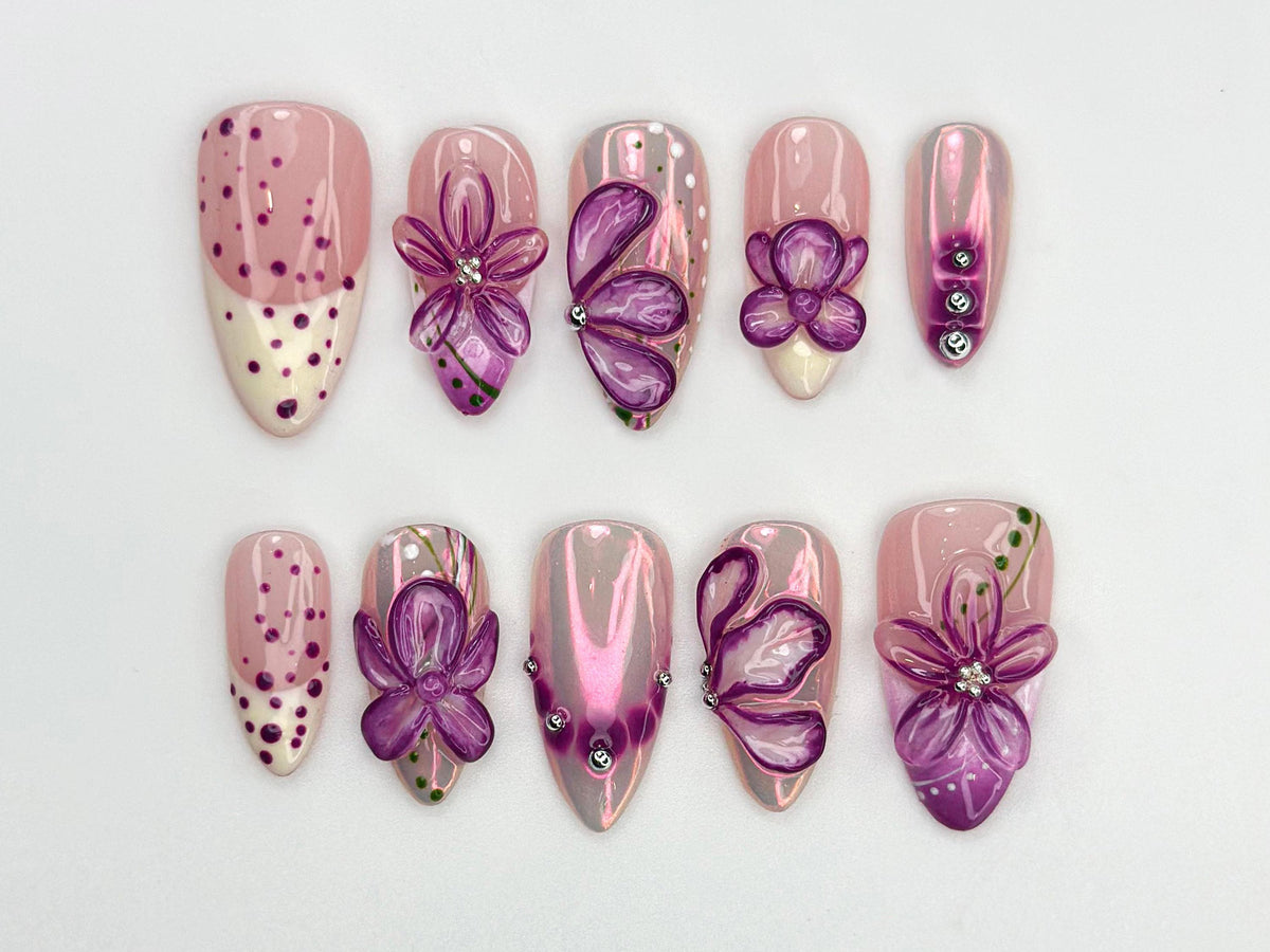Glossy Purple Flower Press On Nails | 3D Floral Chrome Nails | Handmade Long Nails | Sparkling Violet Flower Tips| Elegant Nail Set |JB770HC