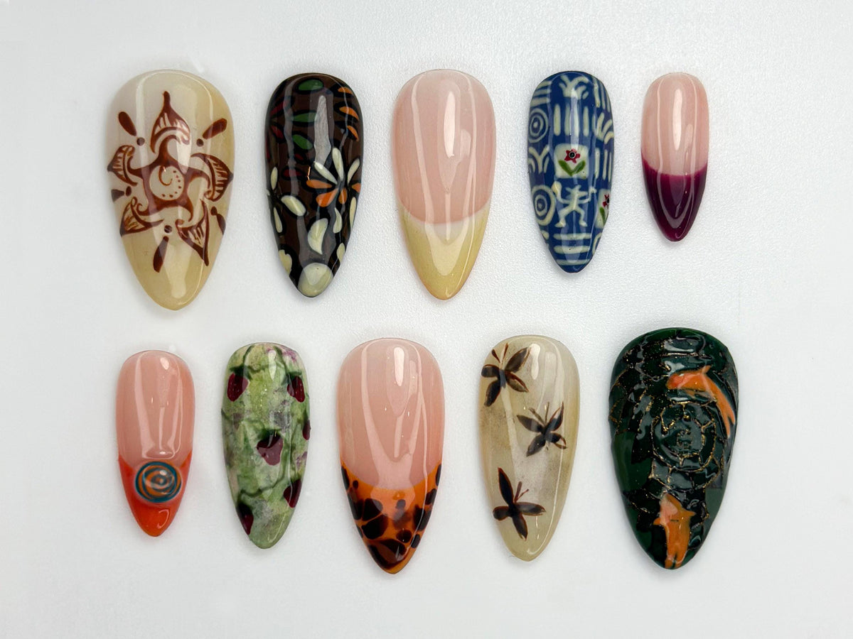 Zen Inspired Press On Nails | Mindful Mandala & Koi Nail Art | Handmade Natural Earth Tone Nails | Tranquil Boho Press On Set | JB805HC