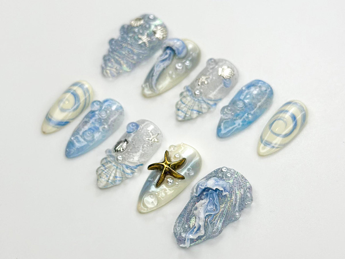 Ocean Dream Jellyfish Press On Nails | Blue Sea Fantasy Nail Art Set | 3D Shell & Starfish Nails | Handmade Oceanic Nail Design | JB782HC