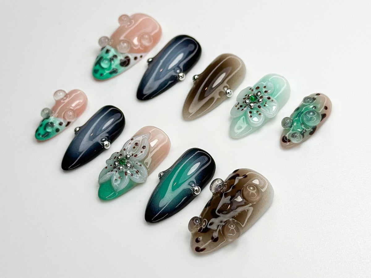 Mystic Leopard Bloom Press On Nails | Green Smoke & Gradient Nail Art | 3D Floral Nails | Handmade Moody Nail | Edgy Leopard Sesign |JC783HC