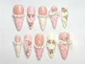 Romantic Pink Press On Nails | 3D Blush Vintage Nail Set | Long French Ribbon Nails | Romantic Pink Press On Nails |JB760HC