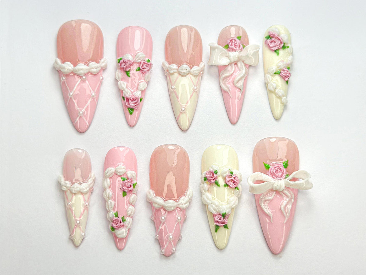 Romantic Pink Press On Nails | 3D Blush Vintage Nail Set | Long French Ribbon Nails | Romantic Pink Press On Nails |JB760HC