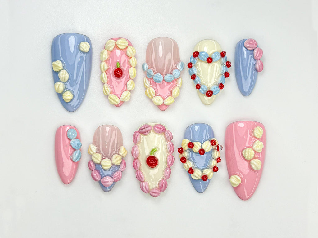 Sweet Creamy Press On Nails | Sweet Dessert-Inspired Nails | 3D Pastel Icing & Cream Nail Art | Handmade Cute Birthday Nails | JB808HC