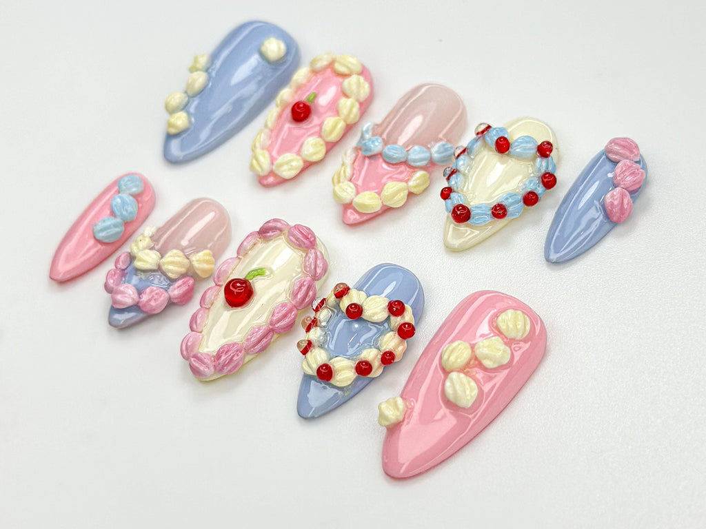 Sweet Creamy Press On Nails | Sweet Dessert-Inspired Nails | 3D Pastel Icing & Cream Nail Art | Handmade Cute Birthday Nails | JB808HC