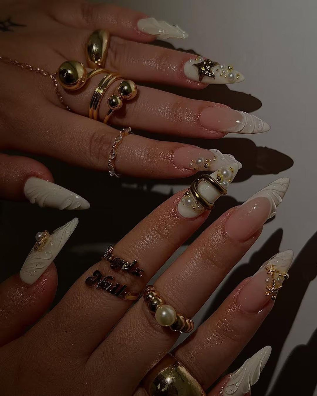 Handmade Ocean White Press On Nails |  White Shell Pearl Nail Set | Elegant Sea-Inspired Nail Art |  Gold & Pearl Press On Nails | JC791HC