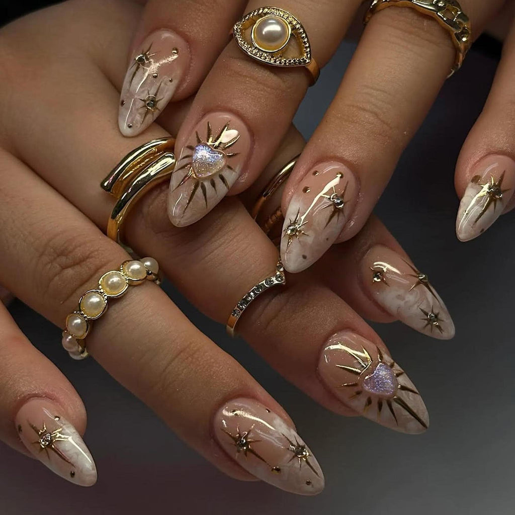 Luxury Nude Gold Almond Nails | Nude & Gold Celestial Nail Set | Handmade Chrome Swirl Nails | Elegant Cosmic Nails | JC792HC
