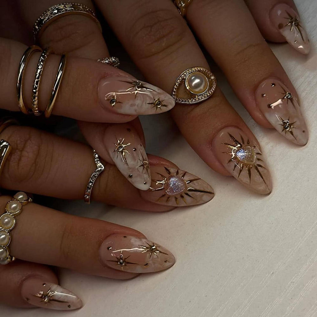 Luxury Nude Gold Almond Nails | Nude & Gold Celestial Nail Set | Handmade Chrome Swirl Nails | Elegant Cosmic Nails | JC792HC