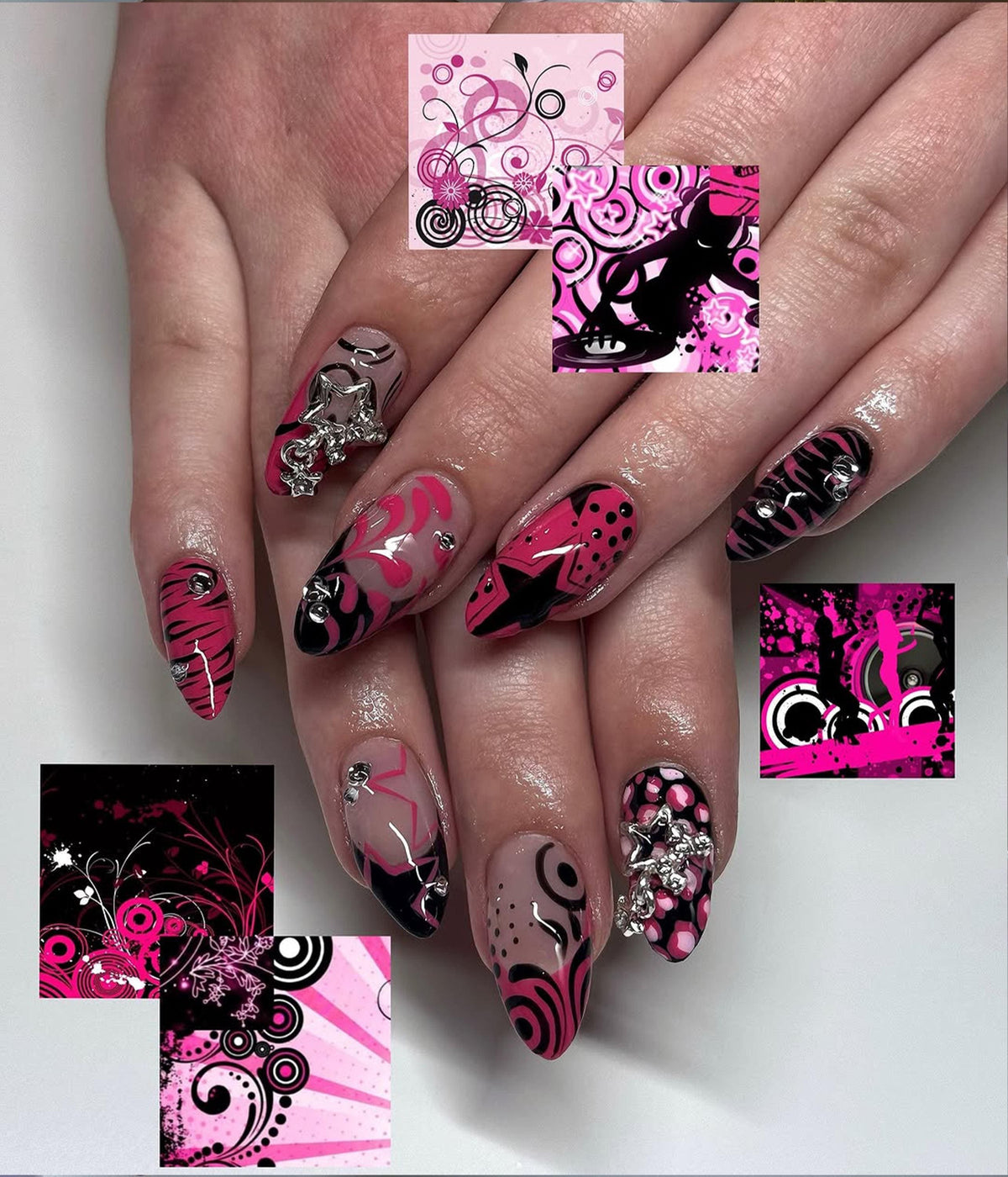 Y2K Hot Pink Press On Nails | Retro Pop Art Nail Set | Black & Pink Graphic Nails with Star Charms | Y2K Vibes Acrylic Press Ons | JC795HK