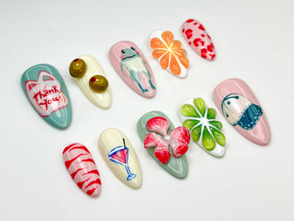 Summer Mixed Custome Press On Nails | Quirky Mix Match Art Nails | Kawaii Frog Cocktail Nail Set | Cute Groovy Summer Nails | JC814HC