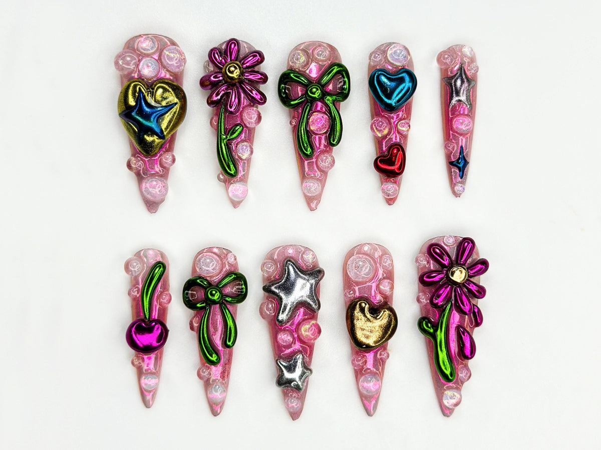 Metallic Bubble Press On Nails | 3D Y2K Chrome Star Heart Nails | Funky Cute Cherry Bow Nail Art | Iridescent Pink Press On Set | JB815HK