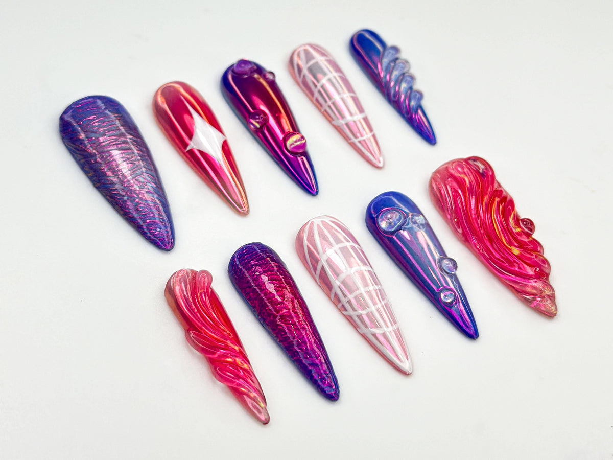Y2K Purple Holographic Press On Nails | Chrome Pink & Purple Press Ons | 3D Jelly Glazed Nail Art | Shiny Y2K Baddie Nails | JC817HK