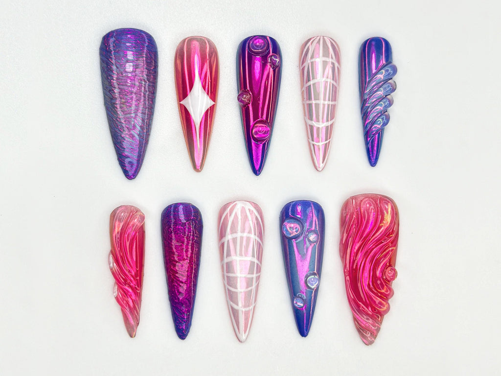 Y2K Purple Holographic Press On Nails | Chrome Pink & Purple Press Ons | 3D Jelly Glazed Nail Art | Shiny Y2K Baddie Nails | JC817HK