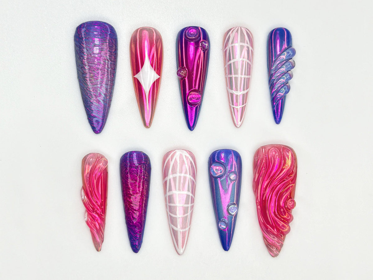 Y2K Purple Holographic Press On Nails | Chrome Pink & Purple Press Ons | 3D Jelly Glazed Nail Art | Shiny Y2K Baddie Nails | JC817HK