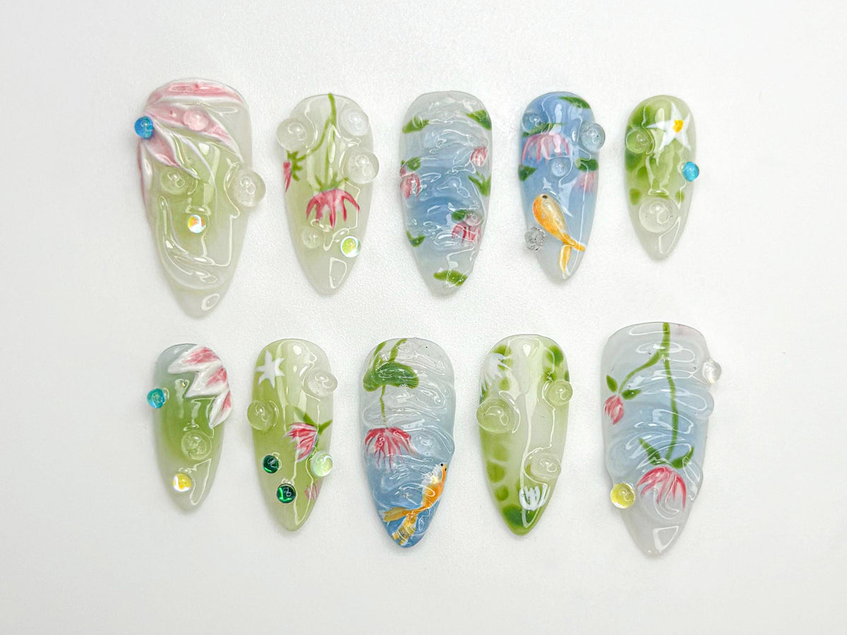 Water Garden Koi Press On Nails | Hand-Painted Koi Fish & Lotus Flowers | Zen Nature Art Nail Set | Calm Pond-Inspired Press Ons | JC798HC