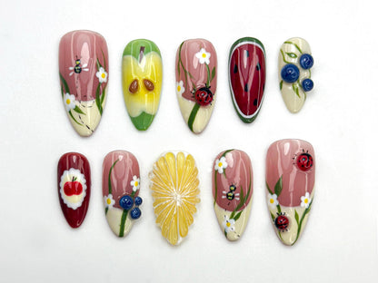 Garden Picnic Press On Nails | Fruit & Floral Summer Nail Art | 3D Ladybug And Lemon Nails | Handmade Berry Picnic Nail Tips | JC799HK