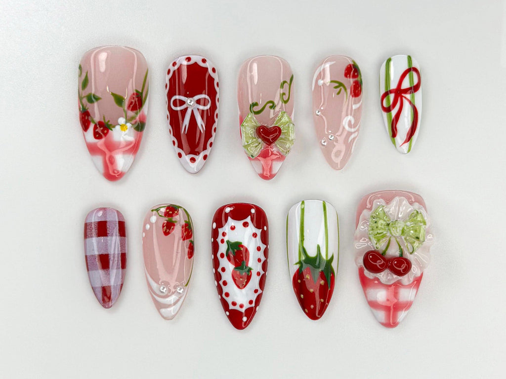 Strawberry Picnic Press On Nails | Cute 3D Strawberry And Bow Nail Art | Gingham Vintage Picnic Nails | Red & Pink Summer Nails | JB822HC