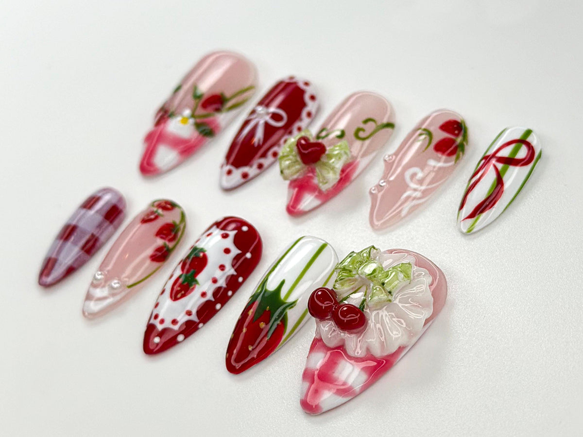 Strawberry Picnic Press On Nails | Cute 3D Strawberry And Bow Nail Art | Gingham Vintage Picnic Nails | Red & Pink Summer Nails | JB822HC