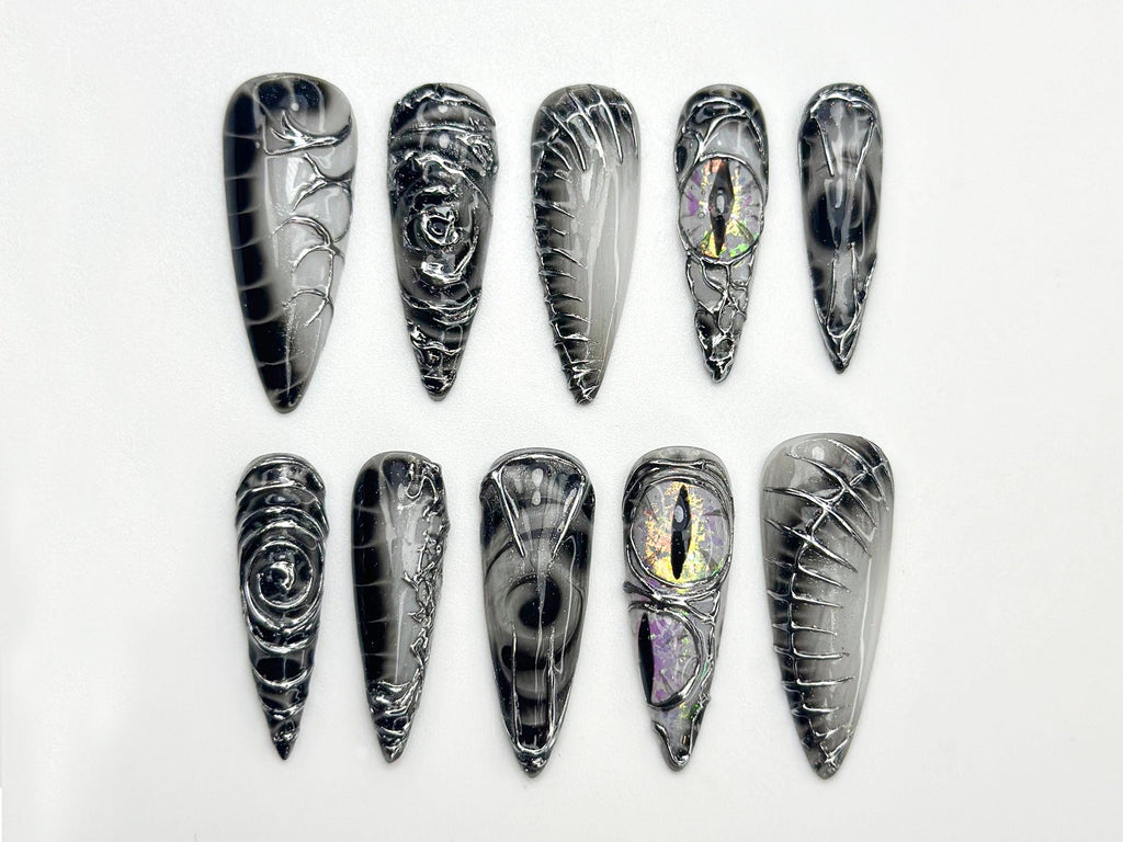Dragon Gothic Press On Nails | Black 3D Nail Art | Dark Mystic Scale Nails | Handmade Dragon Claw Press Ons | Unique Fantasy Nails | JB801HC