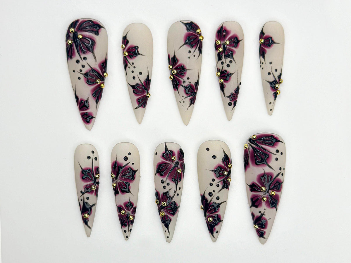 Dark Blossom Stiletto Press On Nails | 3D Handcrafted Gothic Flower Nails |Elegant Dark Blossom Nail Art | Stiletto Drama Press Ons| JB839HC