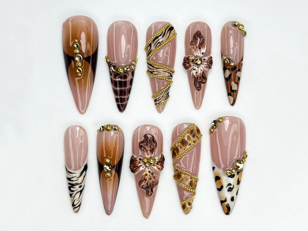 Leopard Gold Floral Press On Nails | 3D Animal Print Nail Art | Golden Bead Glam Nails | Handmade Exotic Press Ons | Fashion Nails | JC841HK