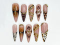 Leopard Gold Floral Press On Nails | 3D Animal Print Nail Art | Golden Bead Glam Nails | Handmade Exotic Press Ons | Fashion Nails | JC841HK