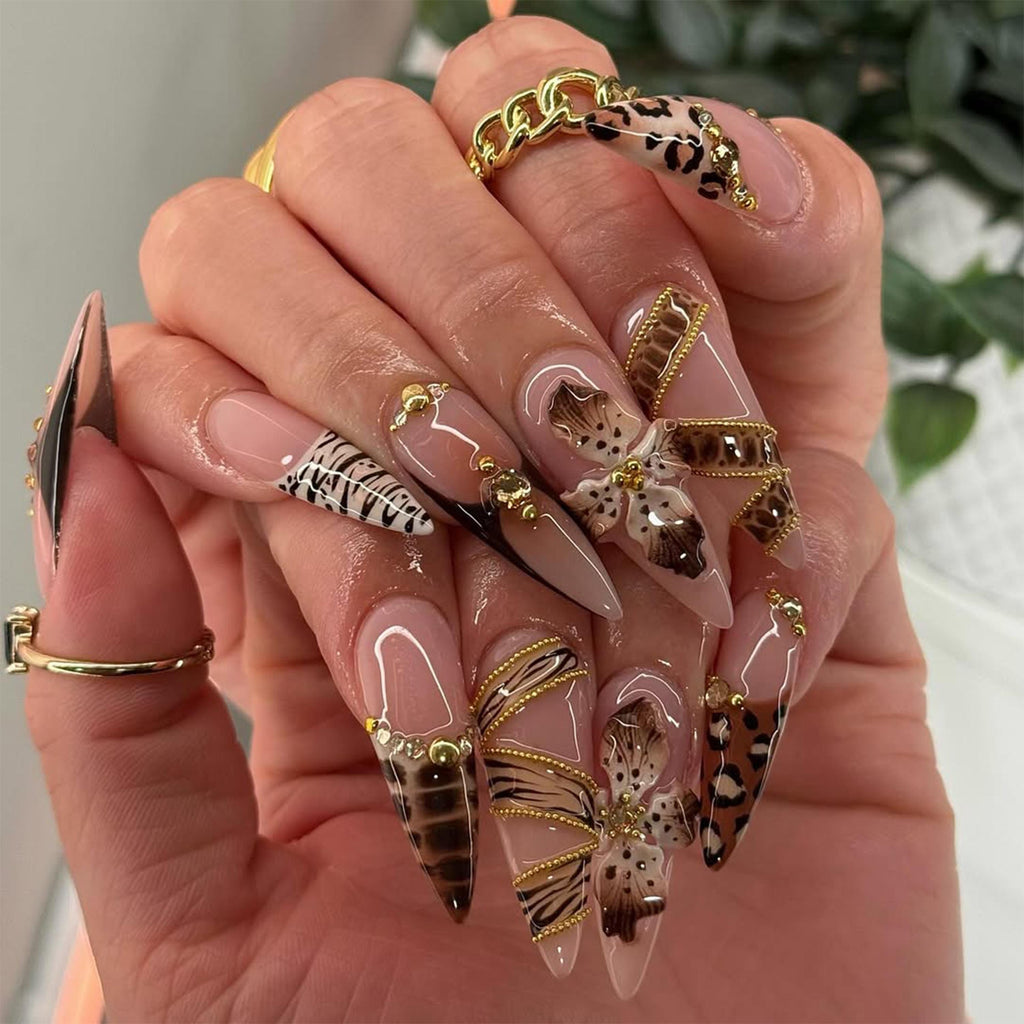 Leopard Gold Floral Press On Nails | 3D Animal Print Nail Art | Golden Bead Glam Nails | Handmade Exotic Press Ons | Fashion Nails | JC841HK