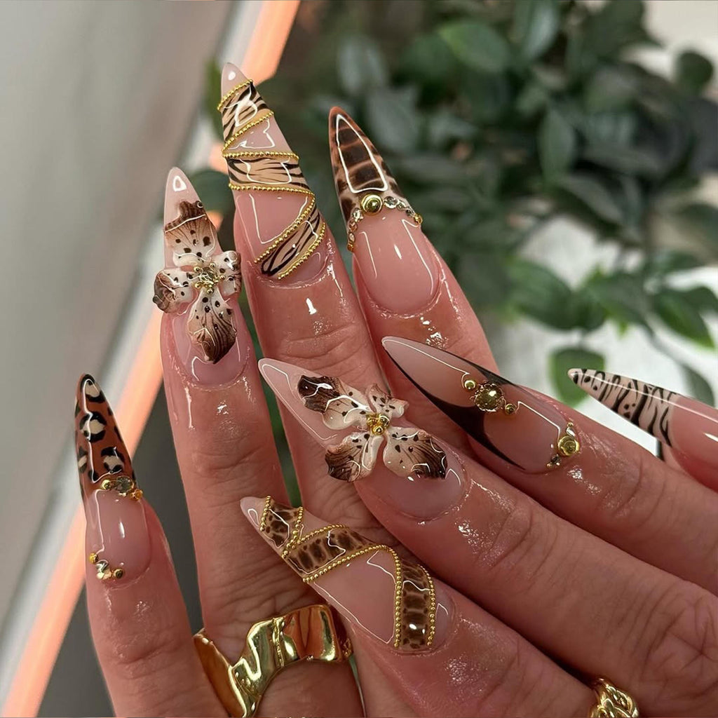 Leopard Gold Floral Press On Nails | 3D Animal Print Nail Art | Golden Bead Glam Nails | Handmade Exotic Press Ons | Fashion Nails | JC841HK