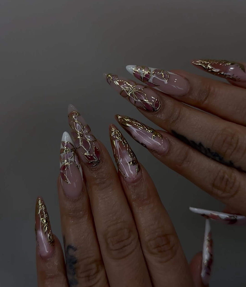 Elegant Pink Press On Nails | Blush Floral Nail Art | 3D Gold Vine Nails | Romantic Wedding Nails | Handmade Luxury Press Ons| JC842HK