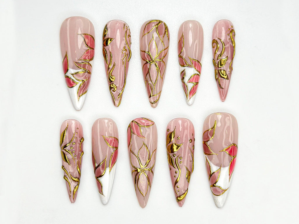 Elegant Pink Press On Nails | Blush Floral Nail Art | 3D Gold Vine Nails | Romantic Wedding Nails | Handmade Luxury Press Ons| JC842HK