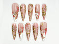 Elegant Pink Press On Nails | Blush Floral Nail Art | 3D Gold Vine Nails | Romantic Wedding Nails | Handmade Luxury Press Ons| JC842HK