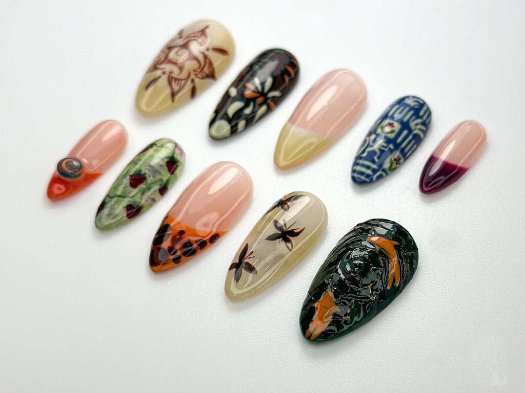 Zen Inspired Press On Nails | Mindful Mandala & Koi Nail Art | Handmade Natural Earth Tone Nails | Tranquil Boho Press On Set | JB805HC