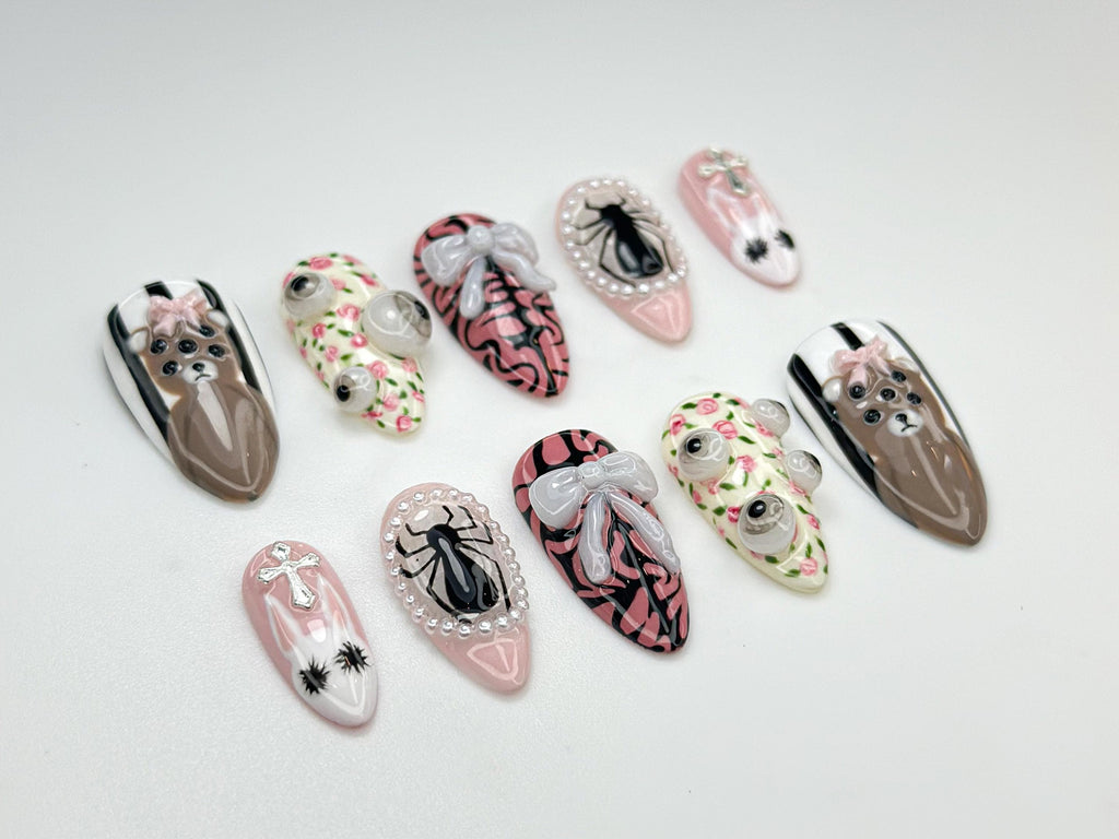 Creepy Cute Teddy Press On Nails | 3D Bear & Bow Nails | Gothic Pastel Floral Nail Art | Soft Horror Pink Press Ons | JB807HC